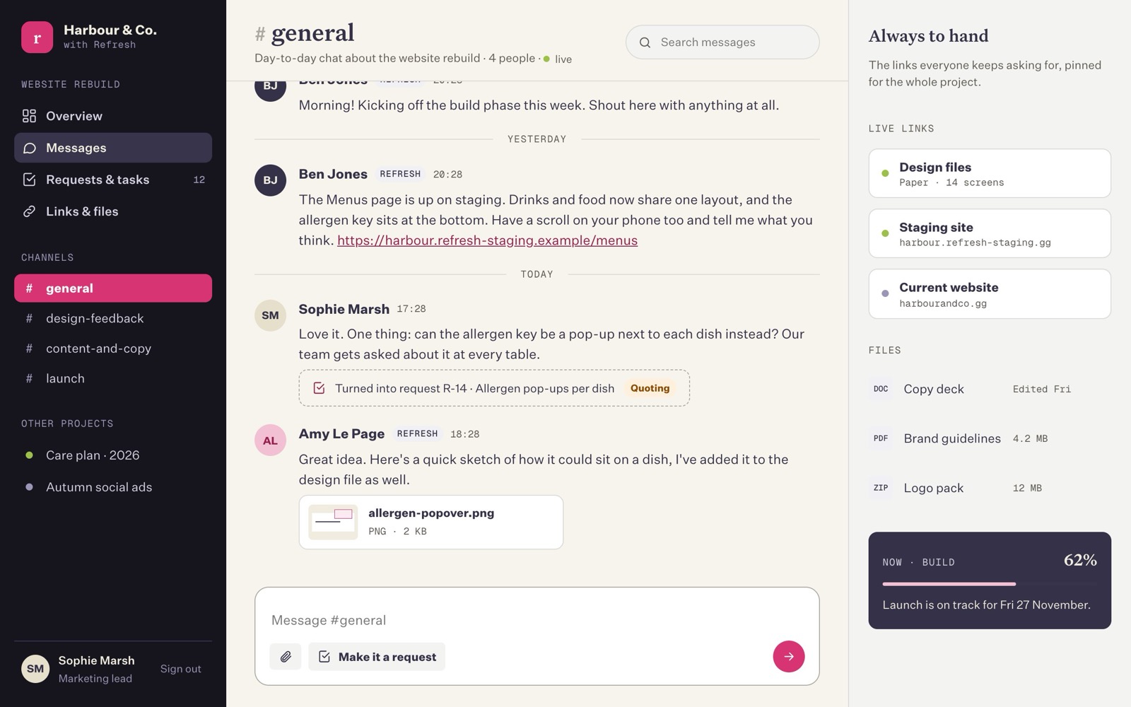 A channel in Messages, with the "Always to hand" panel on the right