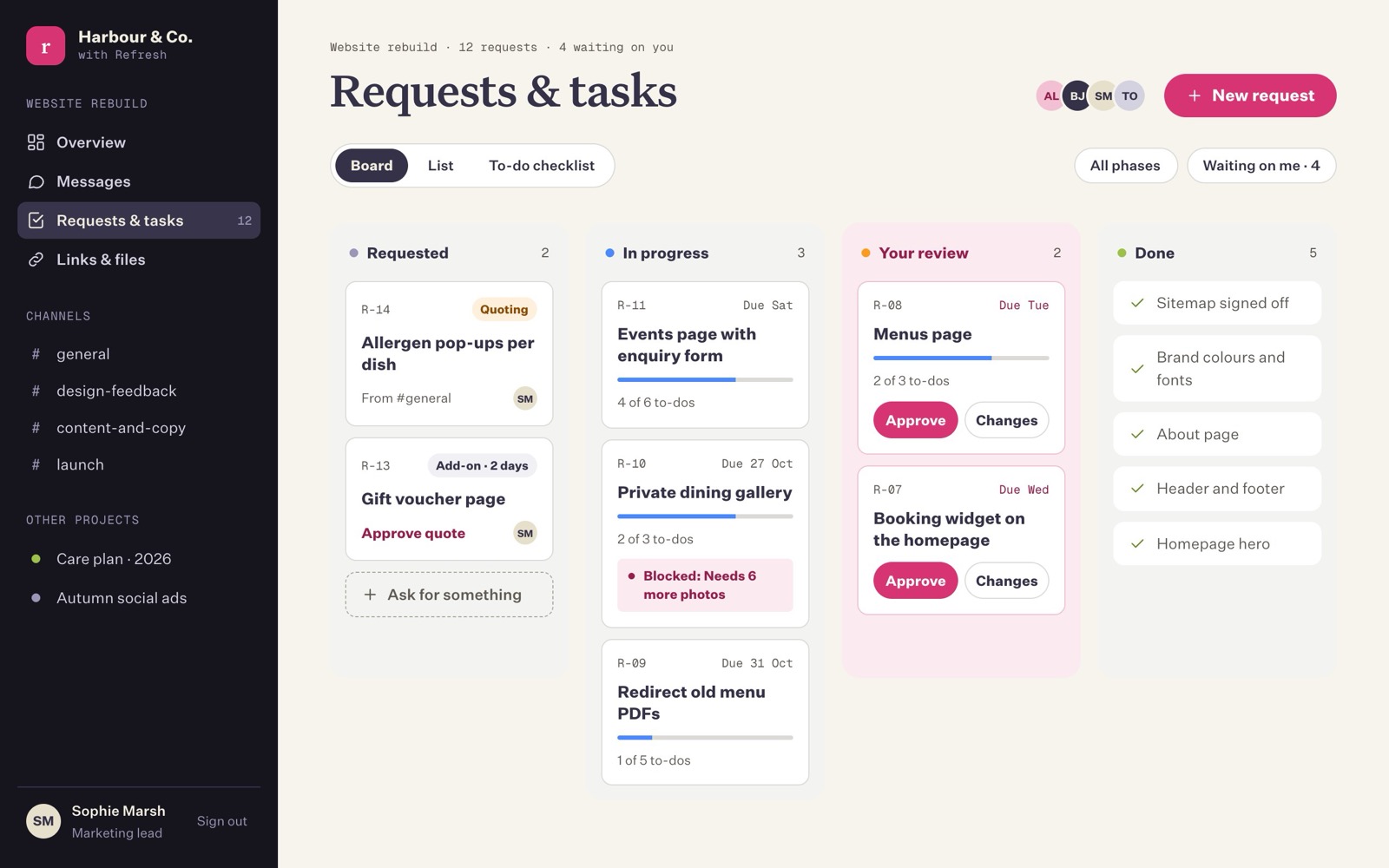 The Requests board, with columns from Requested to Done